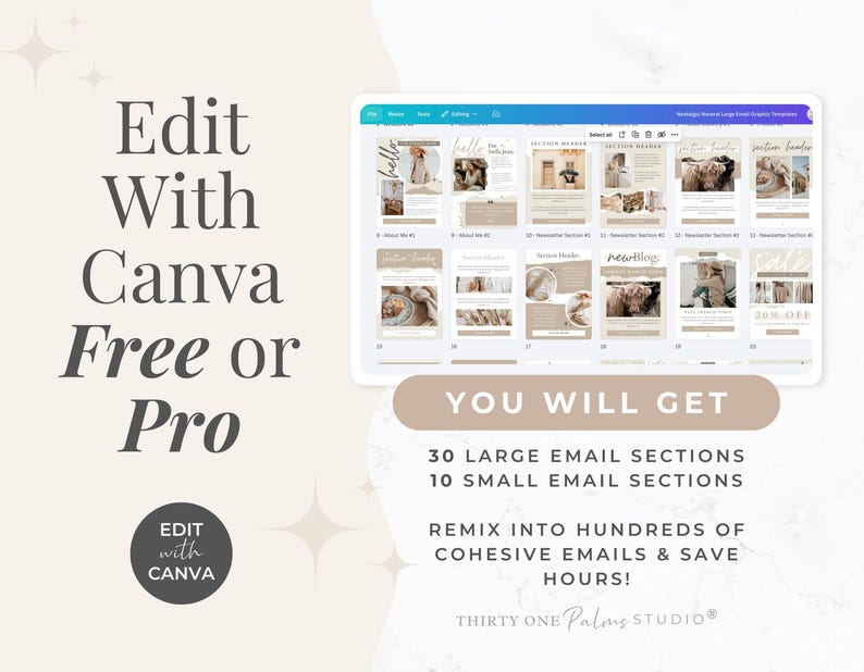 May include: A digital display shows email templates with a neutral color palette. Text on the screen includes "hello" and "newblog." The image also features the text "Edit With Canva Free or Pro" and "You Will Get: 30 Large Email Sections, 10 Small Email Sections."