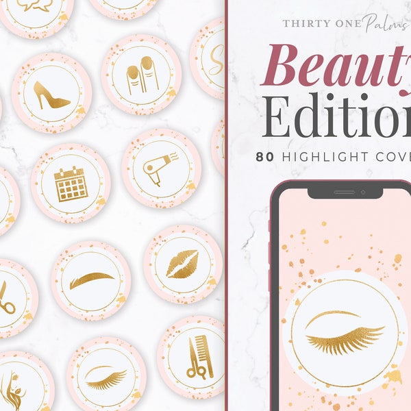 Beauty Highlight Covers for Instagram - Story Highlights, Gold Highlight Icons, Makeup Artist, Hair Stylist, Salon, Lash, Brow, Nails, Gold