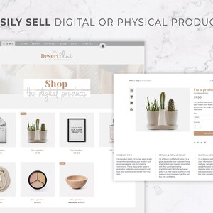 May include: A website mockup showcasing an e-commerce platform. The site features product listings, including a cactus in a pot, a framed print, and a scarf. Text on the site reads "EASILY SELL DIGITAL OR PHYSICAL PRODUCTS" and "Shop the digital products."