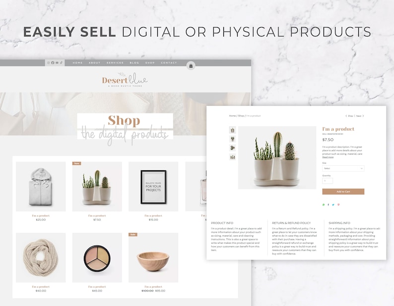 May include: A website mockup showcasing an e-commerce platform. The site features product listings, including a cactus in a pot, a framed print, and a scarf. Text on the site reads "EASILY SELL DIGITAL OR PHYSICAL PRODUCTS" and "Shop the digital products."