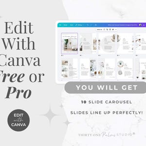 May include: A digital design template displayed on a tablet screen, showcasing a 10-slide carousel. The text reads "Edit With Canva Free or Pro" and "You Will Get 10 Slide Carousel Slides Line Up Perfectly!"
