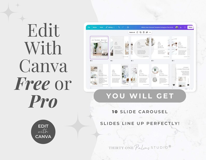 May include: A digital design template displayed on a tablet screen, showcasing a 10-slide carousel. The text reads "Edit With Canva Free or Pro" and "You Will Get 10 Slide Carousel Slides Line Up Perfectly!"