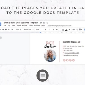 Pode incluir: Um modelo do Google Docs com o texto "Blush & Black Email Signature Template" e instru&ccedil;&otilde;es para carregar imagens criadas no Canva. O modelo inclui as informa&ccedil;&otilde;es de contato de um consultor de neg&oacute;cios, incluindo uma foto, nome e &iacute;cones de m&iacute;dia social.