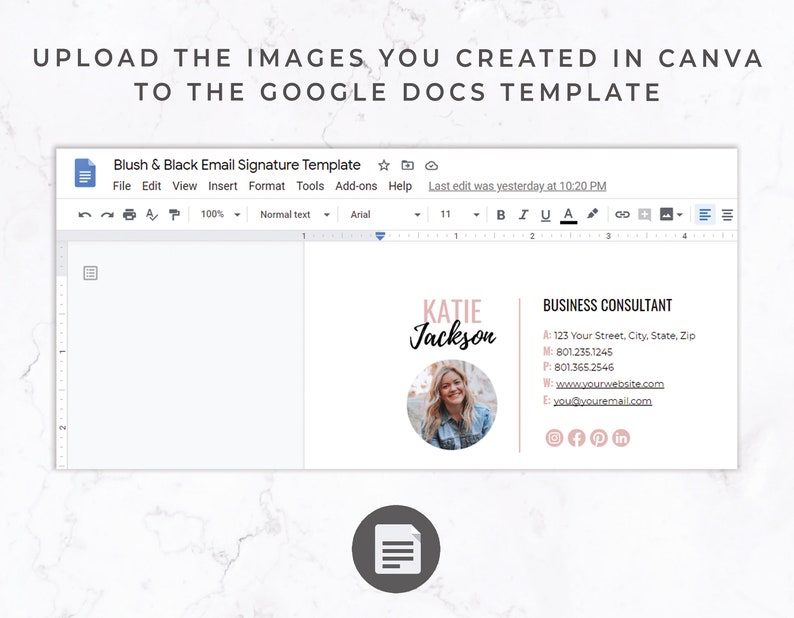 Pode incluir: Um modelo do Google Docs com o texto "Blush & Black Email Signature Template" e instru&ccedil;&otilde;es para carregar imagens criadas no Canva. O modelo inclui as informa&ccedil;&otilde;es de contato de um consultor de neg&oacute;cios, incluindo uma foto, nome e &iacute;cones de m&iacute;dia social.