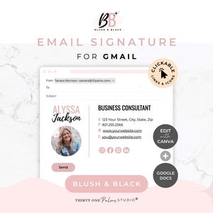 Modelo de assinatura de e-mail para Canva - Google Docs, Links clicáveis, Modelo do Canva, Modelo de e-mail, Assinatura para Gmail e Outlook, Rosa e Preto imagem 1