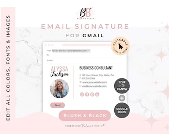 Email Signature Template for Canva - Google Docs, Clickable Links, Canva Template, Email Template, Signature Gmail Outlook, Blush & Black