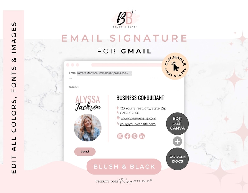 Modelo de assinatura de e-mail para Canva - Google Docs, Links clicáveis, Modelo do Canva, Modelo de e-mail, Assinatura para Gmail e Outlook, Rosa e Preto imagem 1