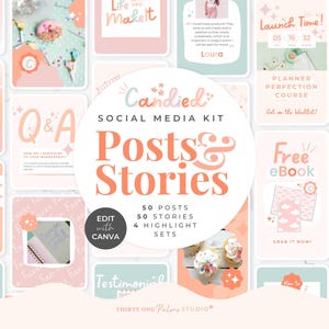 Op de afbeelding: Een social media kit met een Candied thema, met berichten en verhalen. De kit bevat 50 berichten, 50 verhalen en 4 highlight sets. Het ontwerp bevat pastelkleuren en verschillende graphics.