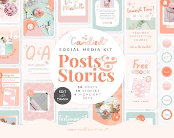 Instagram Template Bundle - Canva Instagram Templates, Colorful, Instagram Posts, Instagram Stories, Highlight Covers, Social Media, Candied