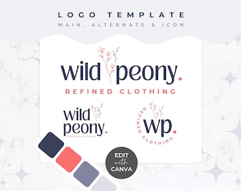 Plantilla de logotipo editable para Canva - Diseño de logotipo rústico DIY, logotipo para pequeña empresa, logotipo para coaching, logotipo para boutique, logotipo floral, azul, peonía silvestre