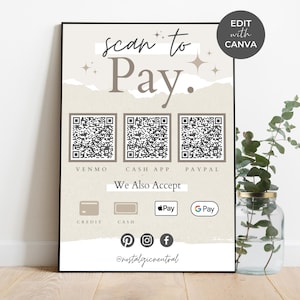 Bearbeitbare Scan-to-Pay-Karte - Canva-Vorlage, QR-Code-Zeichenvorlage CashApp PayPal-Venmo-Zeichen für kleine Unternehmen, hellbraun druckbar, nostalgisch neutral