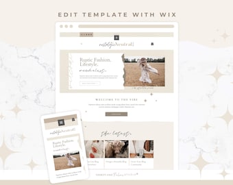May include: A website template on a laptop and phone, featuring a neutral color palette. The website design includes the text "nostalgieNeutral!" and "Rustic Fashion. Lifestyle. wanderlust." The image also includes the text "EDIT TEMPLATE WITH WIX."