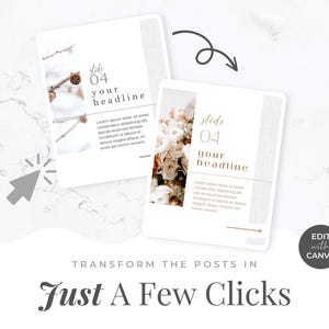 May include: Two white rectangular cards with floral and winter branch images, text that reads "slide 04 your headline", and the text "Just A Few Clicks". The cards are on a white marble background. The words "Edit with Canva" are also visible.