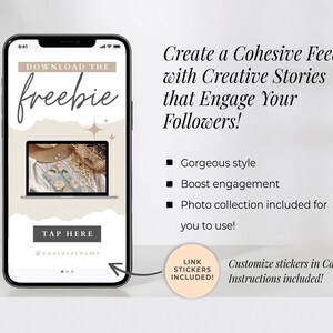 Puede incluir: Una pantalla de tel&eacute;fono inteligente muestra un gr&aacute;fico digital con el texto "DOWNLOAD THE freebie". La pantalla muestra una computadora port&aacute;til con una foto de un sombrero, ropa y joyas. El texto en la pantalla dice "TAP HERE" y "Create a Cohesive Feed with Creative Stories that Engage Your Followers!"