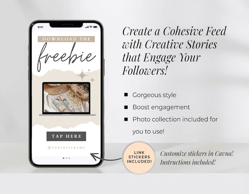 Puede incluir: Una pantalla de tel&eacute;fono inteligente muestra un gr&aacute;fico digital con el texto "DOWNLOAD THE freebie". La pantalla muestra una computadora port&aacute;til con una foto de un sombrero, ropa y joyas. El texto en la pantalla dice "TAP HERE" y "Create a Cohesive Feed with Creative Stories that Engage Your Followers!"