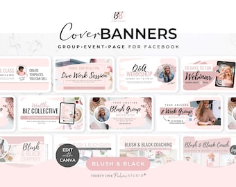 May include: A collection of blush and white Facebook cover banners with text such as "Live Work Session", "Q&A Workshop", and "Webinar". The banners are designed for groups and events, with the "Blush & Black" logo.