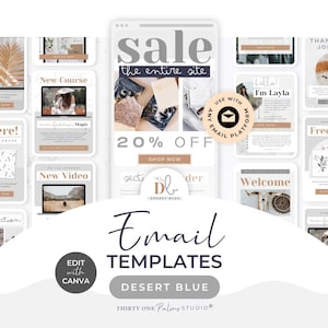 May include: A collection of digital email templates featuring a neutral color palette of beige, gray, and white. The designs include various layouts for sales, welcome messages, and freebies, with text elements like Sale, 20% Off, and New Course.