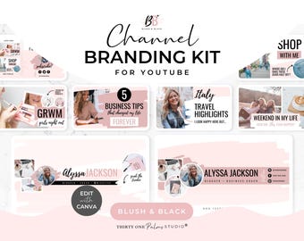 YouTube Channel Template Kit for Canva - Vlogger Branding, Editable Video Thumbnails, Blush & Black