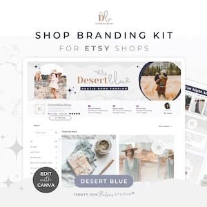 May include: A digital shop branding kit for Etsy shops. The image features a website mockup with the text "Desert Blue Rustic Boho Fashion". Additional elements include social media templates and the text "Edit All Colors, Fonts & Images".
