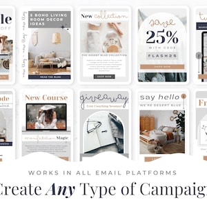 May include: A collection of ten digital marketing templates featuring various layouts, text overlays, and graphic elements. The designs include promotional banners, blog post headers, course announcements, and giveaway graphics with a neutral color palette.