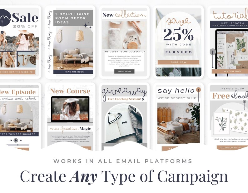 May include: A collection of ten digital marketing templates featuring various layouts, text overlays, and graphic elements. The designs include promotional banners, blog post headers, course announcements, and giveaway graphics with a neutral color palette.