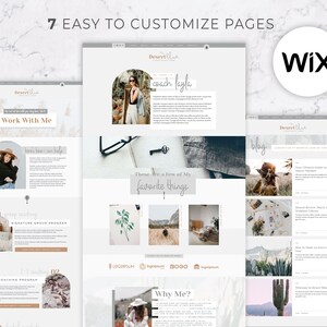 May include: A website template design with seven customizable pages. The design features a neutral color palette with images and text, including the words "Desert Blue," "Work With Me," and "These Are a Few of My Favorite Things." The Wix logo is also visible.