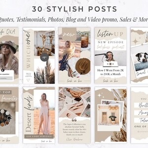 Puede incluir: Un gr&aacute;fico digital con 30 publicaciones elegantes para redes sociales. Las publicaciones incluyen citas, fotos y contenido de blog. La paleta de colores es neutra con tonos beige y blanco. El texto incluye "Quotes, Testimonials, Photos, Blog and Video promo, Sales & More!"