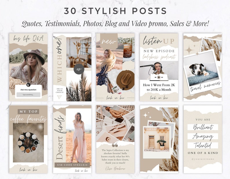 Puede incluir: Un gr&aacute;fico digital con 30 publicaciones elegantes para redes sociales. Las publicaciones incluyen citas, fotos y contenido de blog. La paleta de colores es neutra con tonos beige y blanco. El texto incluye "Quotes, Testimonials, Photos, Blog and Video promo, Sales & More!"