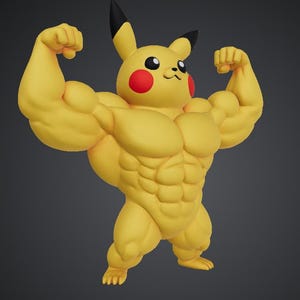 Op de afbeelding: Een gele, gespierde Pikachu-figuur met zwartgepunte oren, rode wangen en een glimlachende uitdrukking. De figuur buigt zijn armen en toont gedefinieerde spieren. Het algehele ontwerp is een humoristische kijk op het populaire personage.
