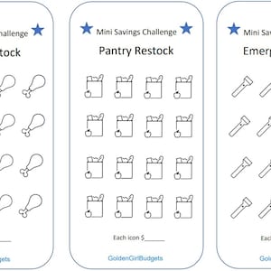 Puede incluir: Tres gráficos imprimibles con un tema de desafío de ahorro. Cada gráfico tiene un título: "Reabastecimiento de carne", "Reabastecimiento de despensa" y "Preparación para emergencias". Cada gráfico tiene una cuadrícula de 16 iconos. El gráfico "Reabastecimiento de carne" tiene iconos de muslos de pollo. El gráfico "Reabastecimiento de despensa" tiene iconos de bolsas de comestibles. El gráfico "Preparación para emergencias" tiene iconos de linternas. Cada gráfico tiene el texto "Cada icono €____" y "GoldenGirlBudgets".