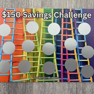 May include: A colorful card with a $150 Savings Challenge graphic. The card features a design of multiple ladders with silver circles on each rung. The text "GoldenGirlBudgets" is at the bottom of the card.
