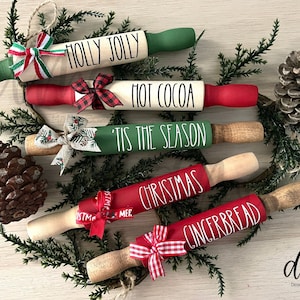 Christmas Mini Wooden Rolling Pins | 7 Inch Farmhouse Rolling Pins | Tiered Tray Decor | Christmas Farmhouse Decor | Winter Tray Decor