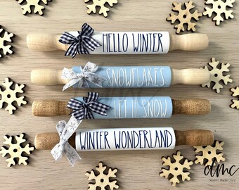 Winter Mini Wooden Rolling Pins | 7 Inch Farmhouse Rolling Pins | Tiered Tray Decor | Christmas Farmhouse Decor | Winter Wonderland Decor