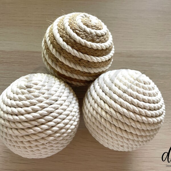 Mixed Natural Rope Bowl Filler | Set of 3 Decorative Balls | Nautical Farmhouse Vase Filler | Tiered Tray Decor | Dough Bowl Filler