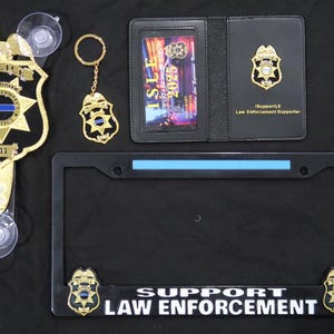 FULL SET: &quot;Law Enforcement Supporter&quot; Windshield Badge Display + Wallet + 2025 Card + License Plate Frame