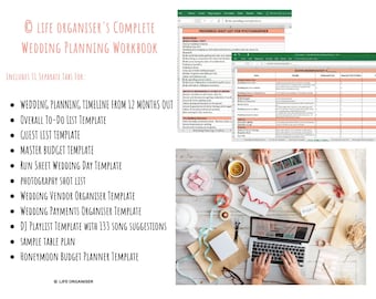 May include: A wedding planning workbook with 11 separate tabs, including a wedding planning timeline, to-do list, guest list, budget, run sheet, photography shot list, vendor organizer, payments organizer, DJ playlist, table plan, and honeymoon budget planner. The workbook is open on a laptop computer on a wooden table with a cup of coffee, ribbon, and gift boxes.