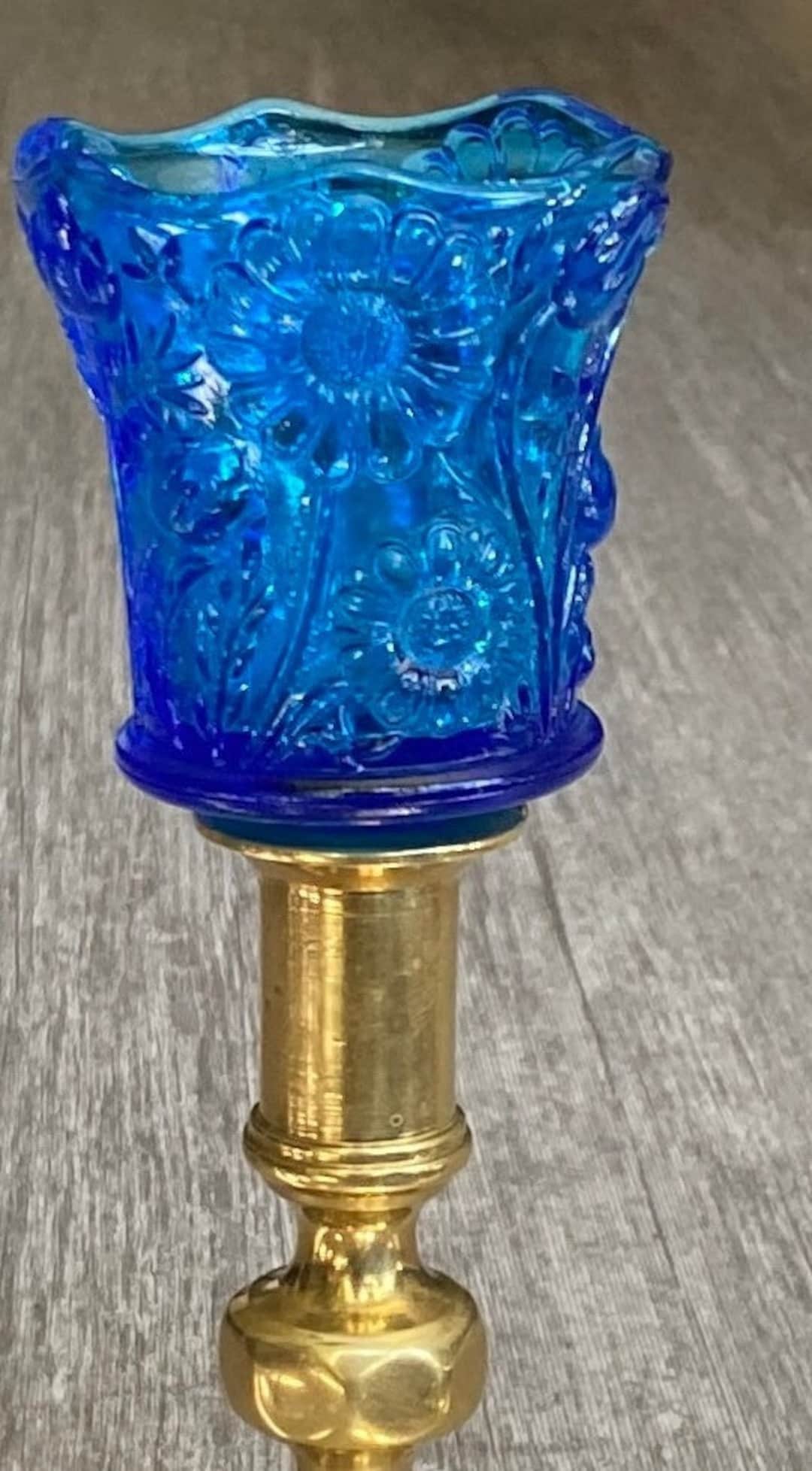 Vintage Brass Candlestick Made in England, Blue Teal Glass Daisy Votive