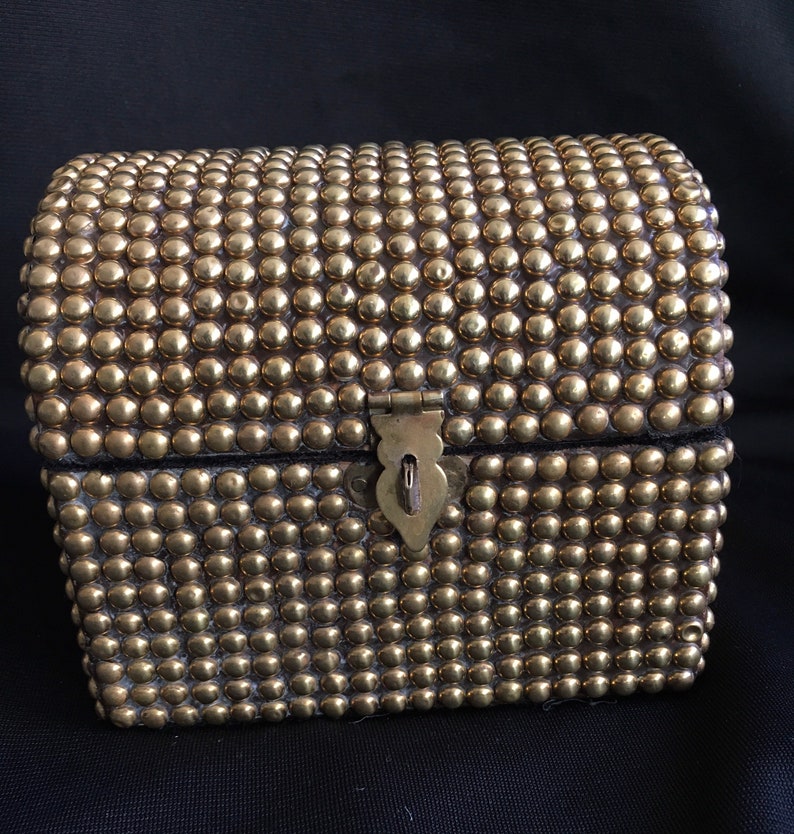 Hollywood Regency Style Brass Hobnail Jewelry Box Treasure Chest