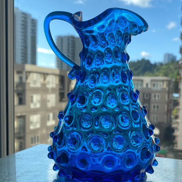 Teal Blue Glass Hobnail Cruet, Vintage Hobnail Turquoise Glass Pitcher, Empoli Blue Glass Teal Turquoise Large Hobnail Cruet