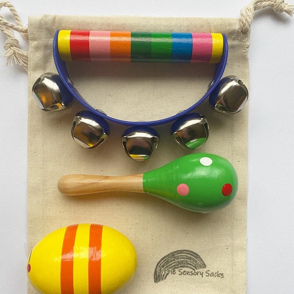 Percussion sensory sack for baby and toddlers with wooden egg shaker, maraca and handbells
