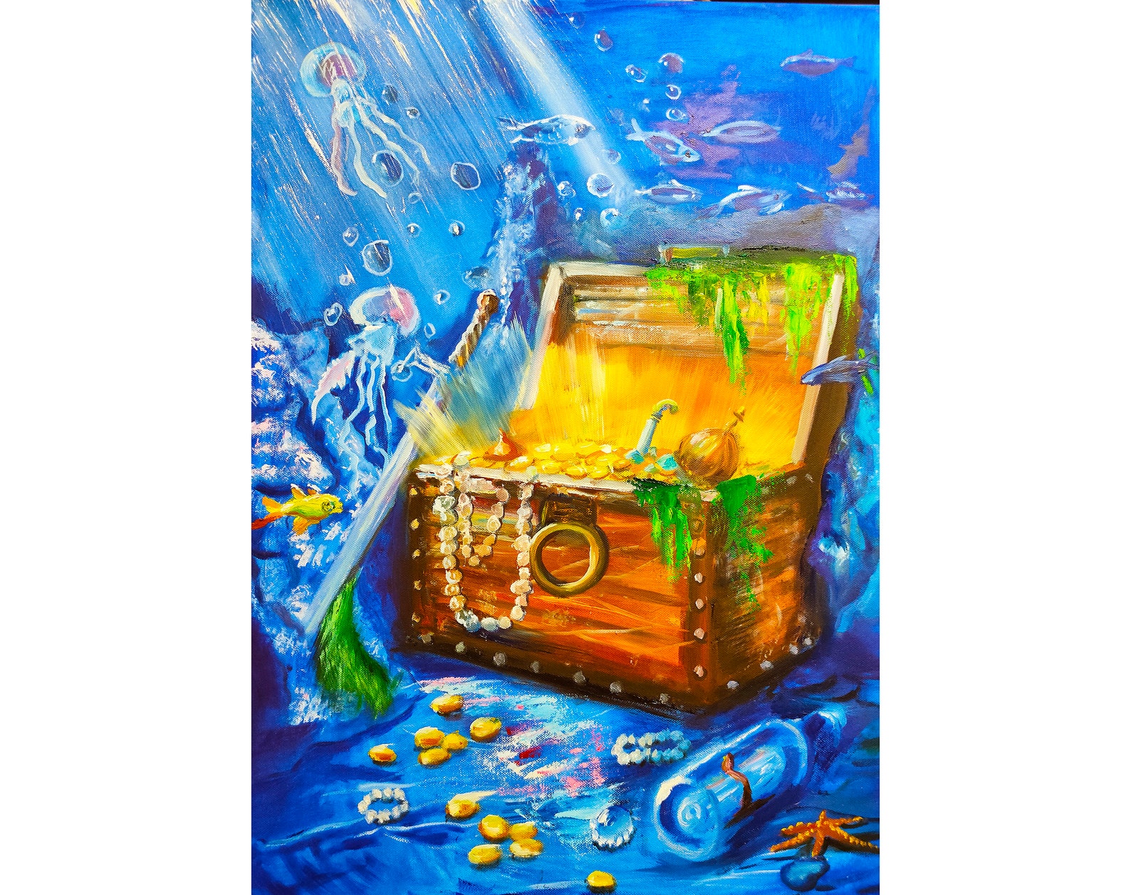 Treasure Chest Oil Painting Underwater World Artwork Pirate Etsy