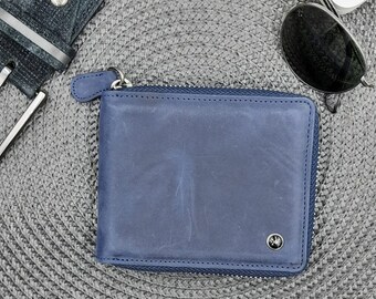 Portefeuille homme, Portefeuille femme,Vintage Genuine Handmade Navy Blue Leather Wallet, Zip-Around Wallet, Men&#39;s Wallet, Women&#39;s Wallet