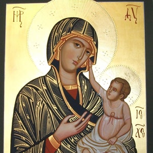 Hand painted sacred icon of the Madonna of Crevole / Byzantine icon of the Mother of God / Madonna with Child Jesus / Icon on wooden board