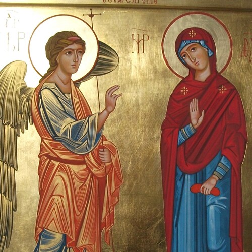 hand painted icon of the Annunciation.handmade icon,religious icons,Catholic icons,Byzantine icons,Orthodox icons,angels icons