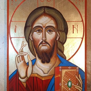 Sacred icon of Christ Pantocrator hand-painted on wooden panel / Byzantine icon of Jesus the Teacher / Icon of Christ Almighty / Sacred art