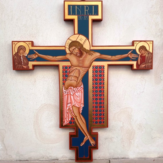 Crocifisso da parete dipinto a mano. Crocifisso medioevale del Cimabue cm  80 x 70 -  Italia