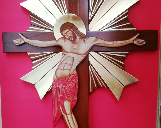 Handpainted Crucifix on Wood.wall Crucifix.wall Crucifix.sacred Art,russian Icons,christ on the
