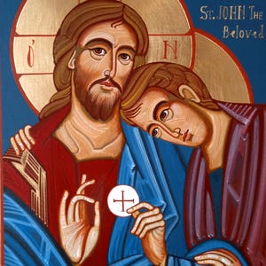 Hand painted icon of Christ with St. John the Apostle/ Holy icon of Jesus/ Byzantine icon on wood/ Orthodox icon on wood/