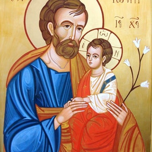 Holy icon of St. Joseph with baby Jesus painted on wooden board / Orthodox icon / Icon of saints / Byzantine icon painted by hand /