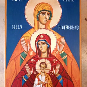 Hand painted icon of St. Anne with Mother of God and baby Jesus / Holy icon of the Virgin Mary / Byzantine icon painted on wood /